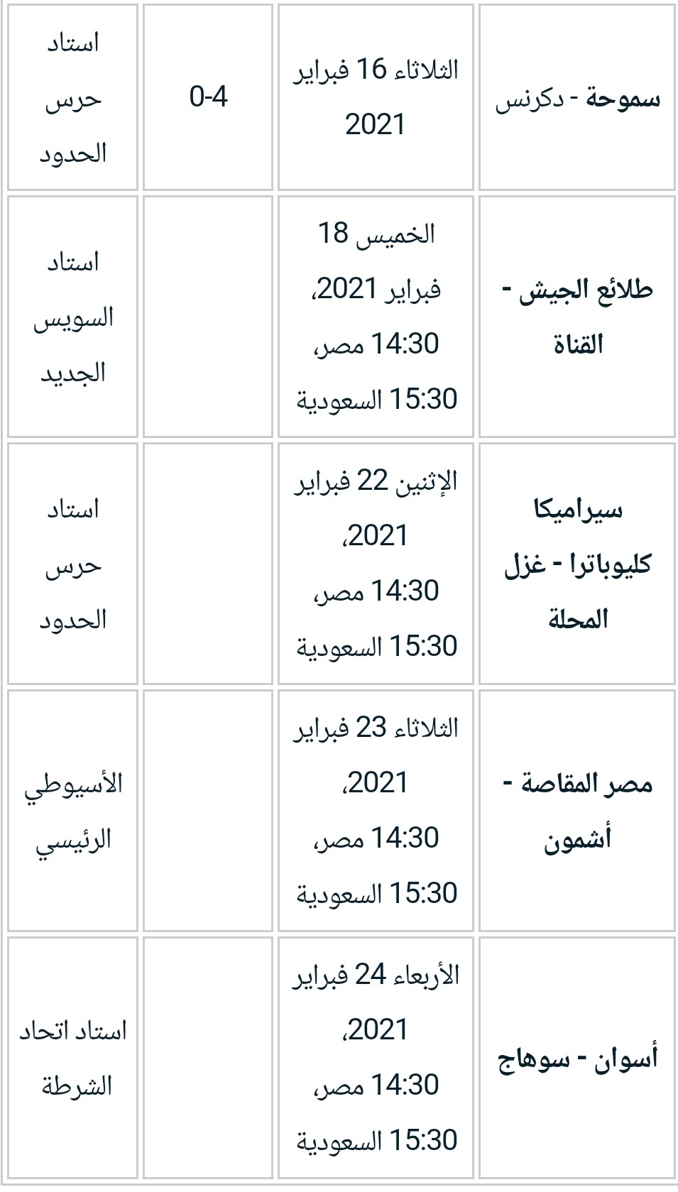 جدول مباريات كأس مصر